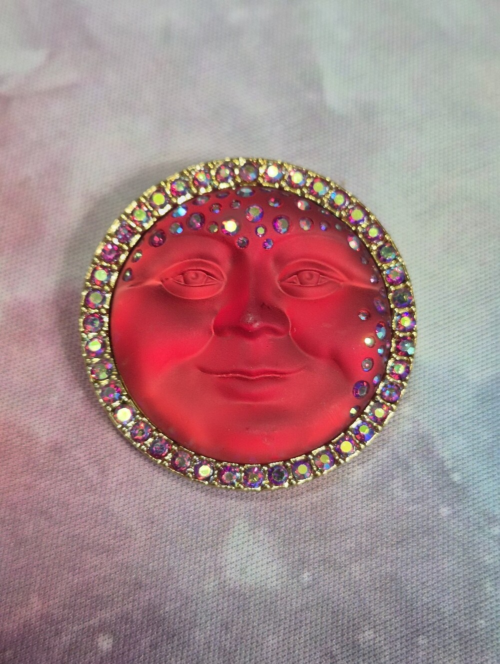Kirks Folly Red Moon Face Rhinestone Brooch